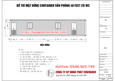 Bản vẽ kỹ thuật container văn phòng 40 feet có toilet